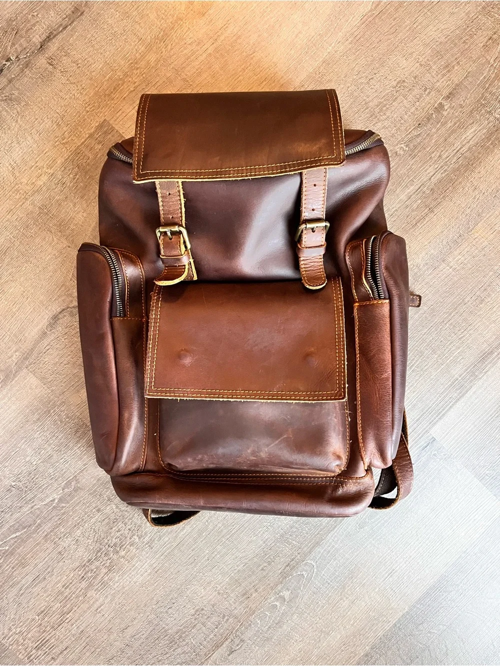 Men’s leather backpack travel bag unbranded heavy duty rugged weekender brown
